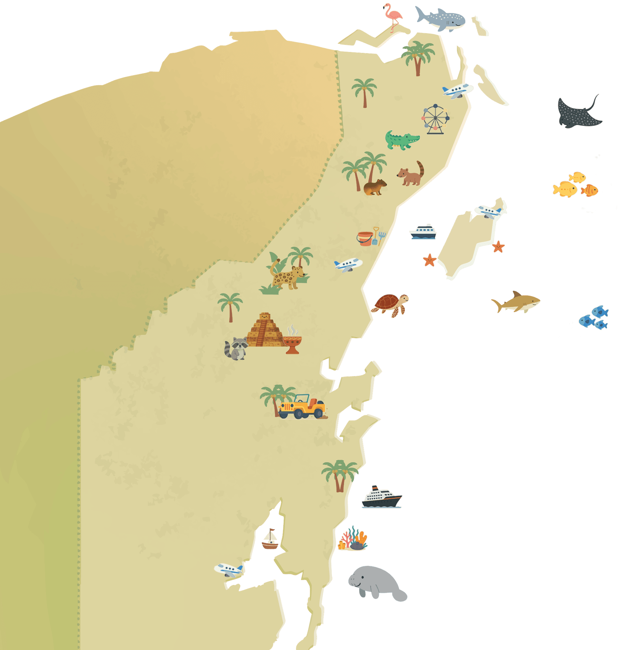 Mapa ilustrado del Caribe Mexicano para niños, con los animales y las atracciones de cada destino
