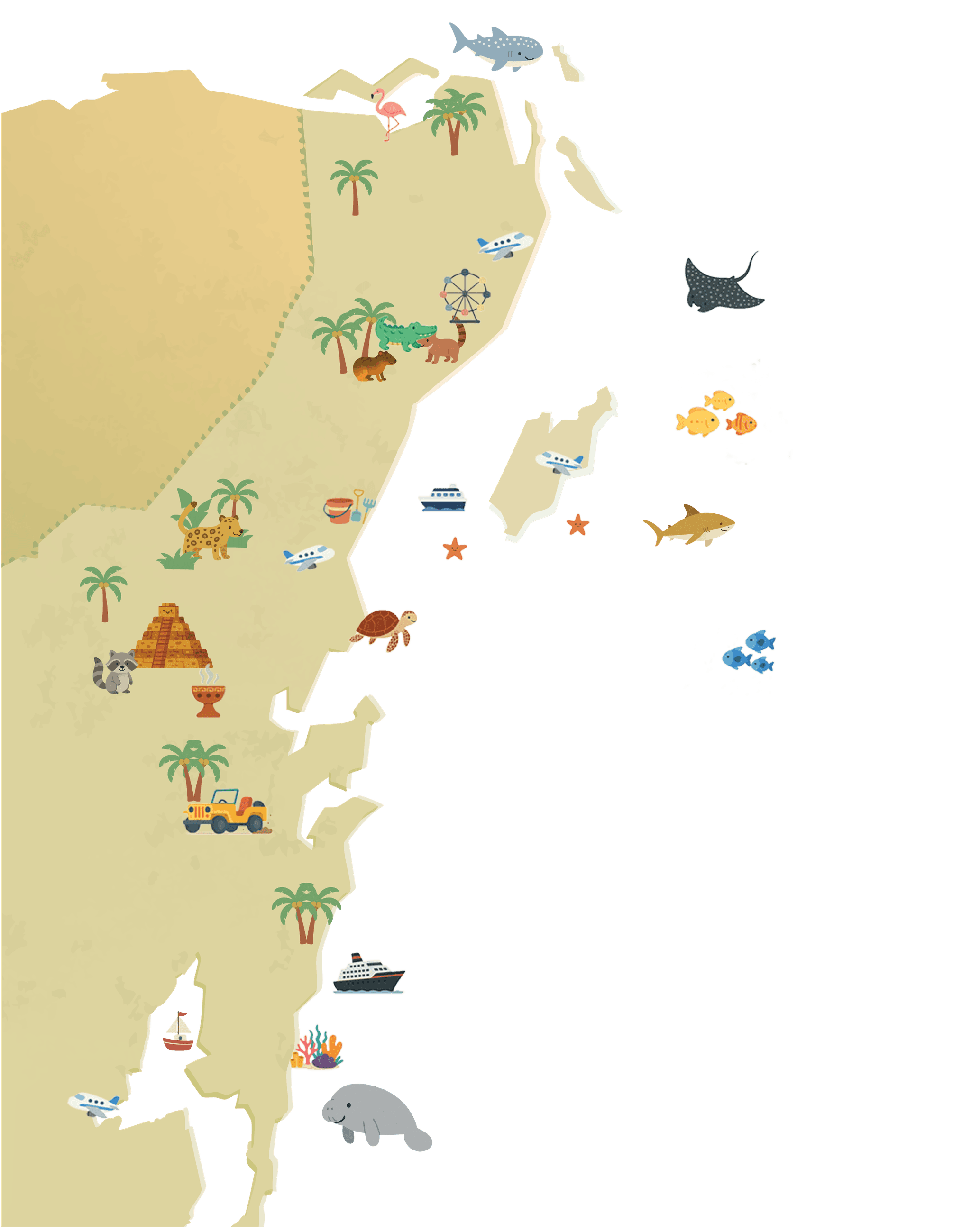 Mapa ilustrado del Caribe Mexicano para niños, con los animales y las atracciones de cada destino