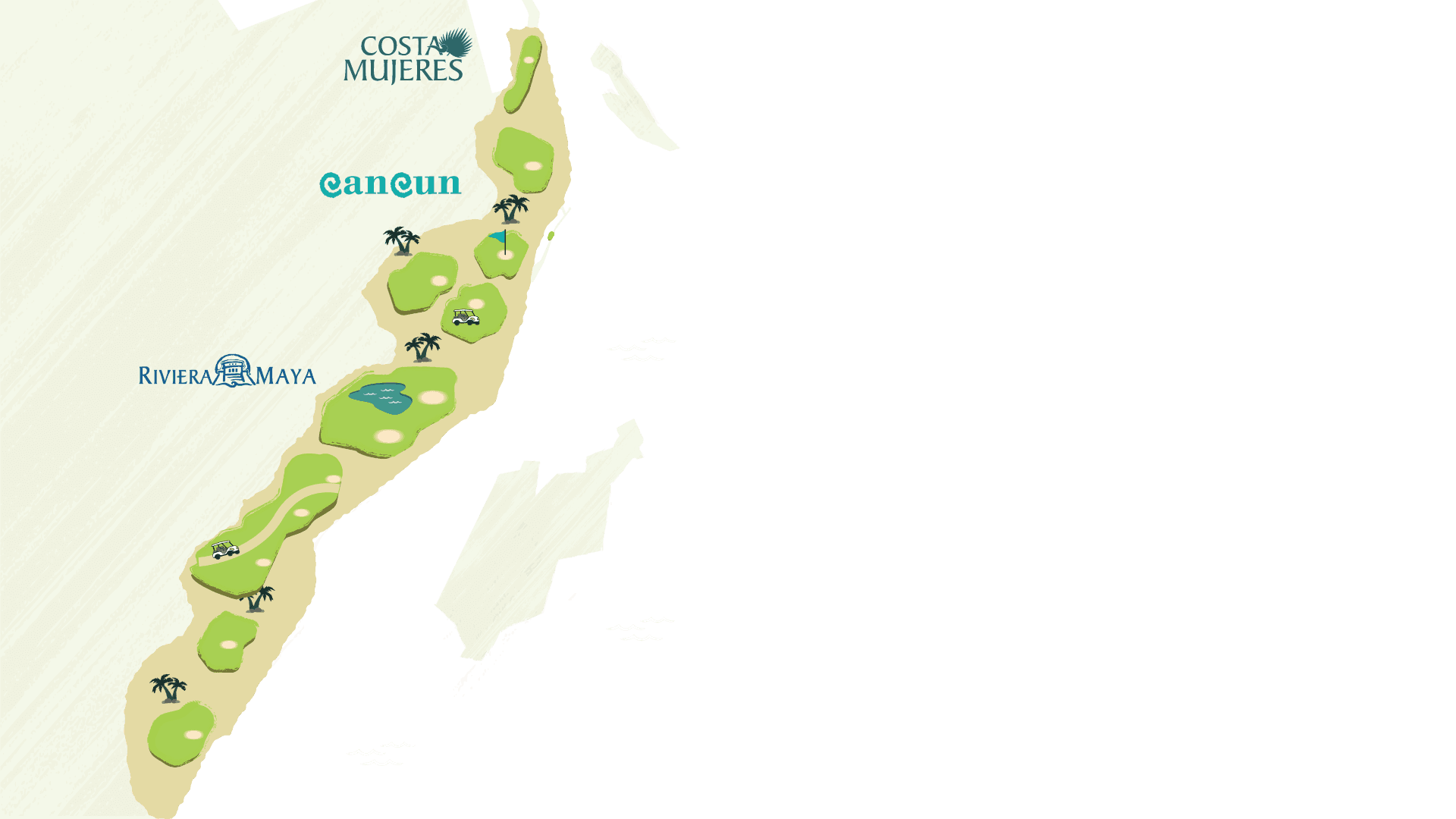 Mapa del Caribe Mexicano con los trece campos de golf, de Playa Mujeres a la Riviera Maya