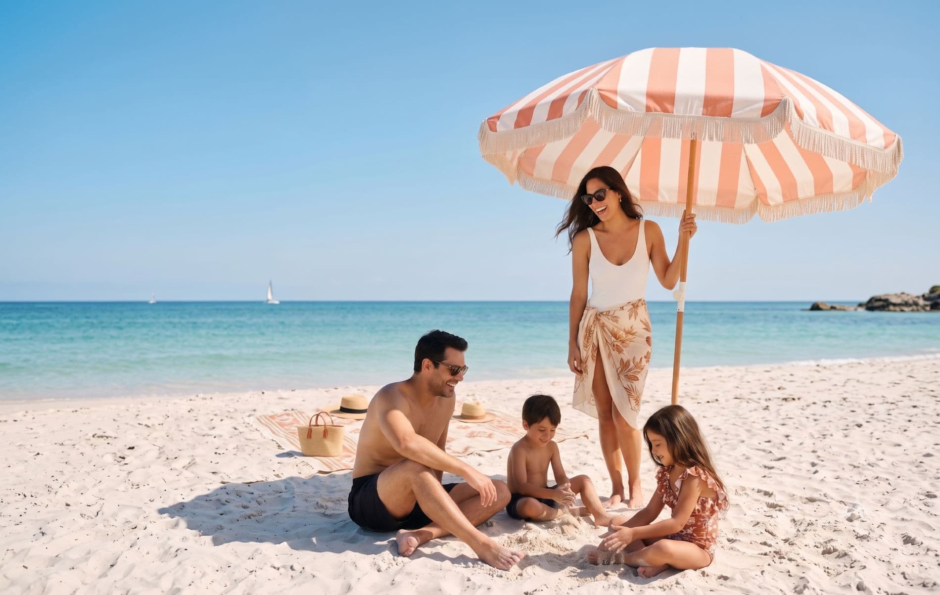 Familia bajo una sombrilla de rayas en una playa de arena blanca