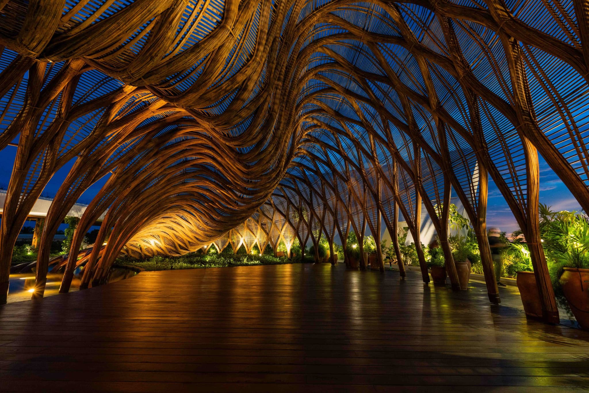 Interior de madera tejida iluminado al atardecer